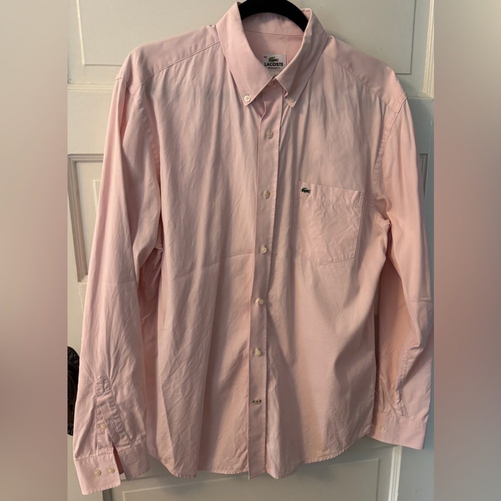 Lacoste Button Down Dress Shirt Pale Pink 40 in EUC Like New No flaws 15 1/2”